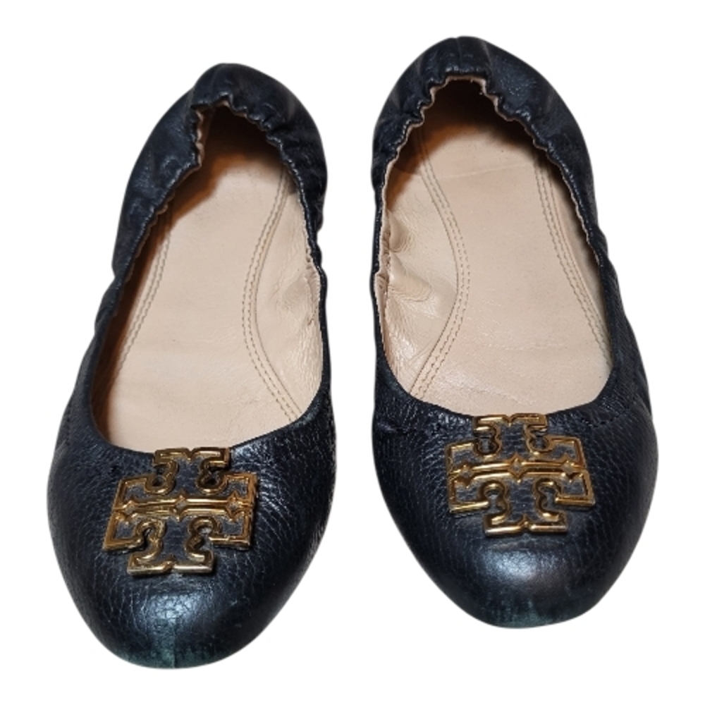 Tory Burch Black Melinda Leather Ballet Flats with Gold Accent - Size 9M - Picture 3 of 8